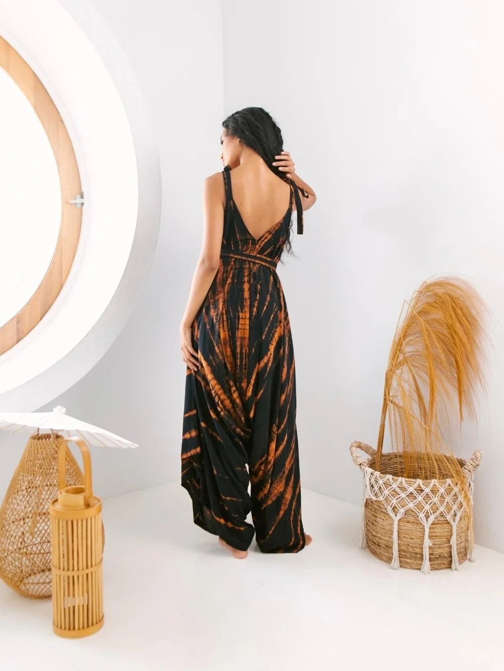Black & Copper Tie-Dye V-Neck Bohemian Jumpsuit *NWT*-One Size - Picture 2 of 8